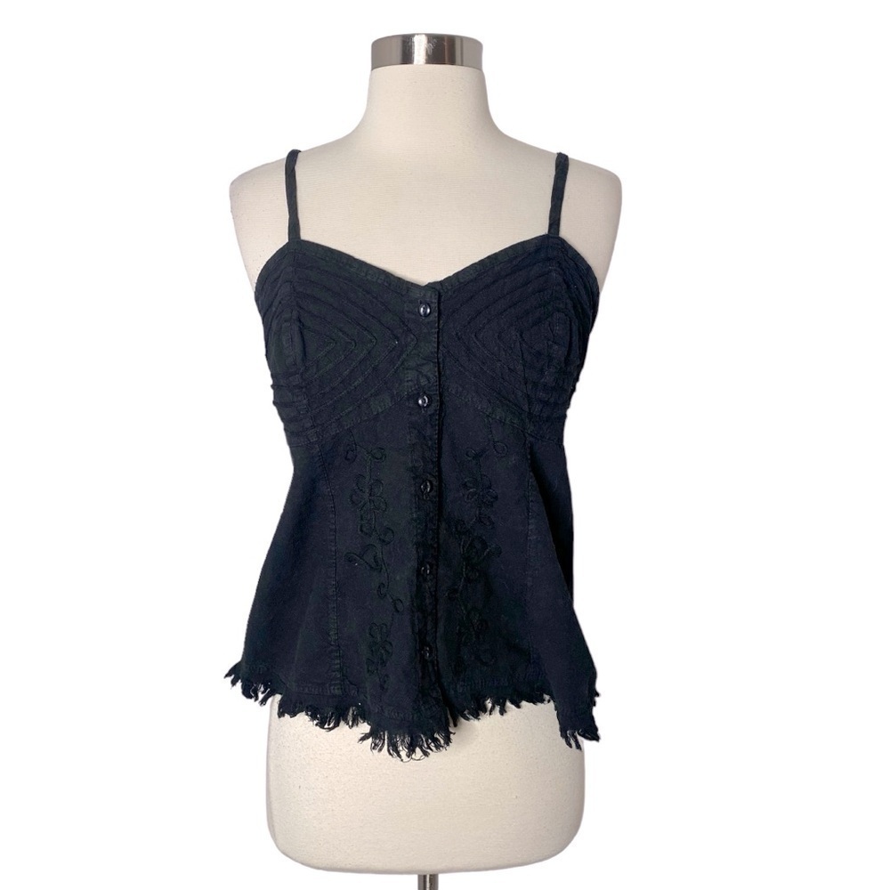 Giocam Black Cotton Embroidered Button Front Cami Top Size Small